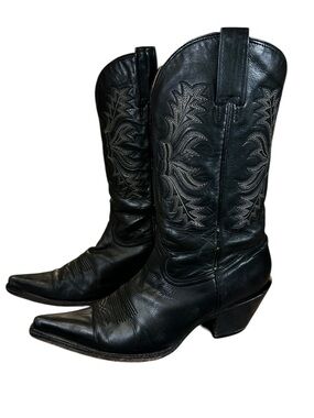 VTG Stetson Western Boots W 9.5 B Black Snip Toe Leather Cowboy Embroidered